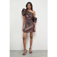 Warehouse Women's Metallic Jacquard Fallen Shoulder Mini Dress in Chocolate | Size: 16