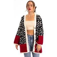 CY Women's Leopard Pattern Design Oversized Cardigan With Red Hem in Black