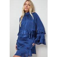 Oasis Women's Layered Ruffle Sleeve Bow Back Mini Dress in Navy | Size: 12