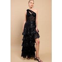 Little Mistress Women's Black Tiered Ruffle One Shoulder Sequin Maxi Dress | Size: 10