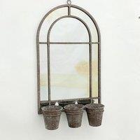 Minster Wall Mirror with Triple Planter - Distressed Metal, L15 x W45 x H78 cm in Grey