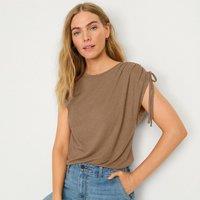 Lands' End Women's Linen Blend Ruched Sleeve Top in Brown | Size: 14-16