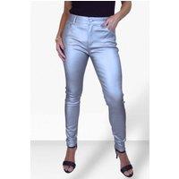 Paulo Due Women's Skinny Coated Leather Look Jeans in Silver | Size: 18