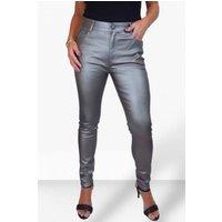 Paulo Due Women's Skinny Coated Leather Look Jeans in Metallic Silver | Size: 16