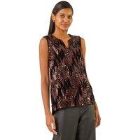 Roman Women's Sequin Velvet Notch Neck Top in Chocolate | Size: 10