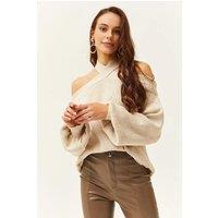 HOXTON GAL Women's Cross-Neck Regular Fit Knit Sweater in Stone | Size: Medium