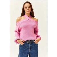 HOXTON GAL Women's Cross-Neck Regular Fit Knit Sweater in Pink | Size: Medium