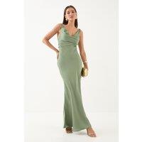 MissPap Women's Premium Satin Cowl Neck Fishtail Maxi Bridesmaid Dress in Sage | Size: 12