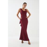 MissPap Women's Premium Satin Cowl Neck Fishtail Maxi Bridesmaid Dress in Wine | Size: 16