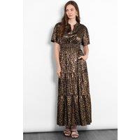 Sarta Women's Roxy Metallic Gold Leopard Tiered Maxi Dress | Size: Medium