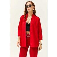 HOXTON GAL Women's Regular Fit Satin Shawl Collar Blazer Jacket with 3/4 Sleeve in Red | Size: Small