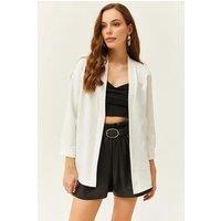HOXTON GAL Women's Regular Fit Satin Shawl Collar Blazer Jacket with 3/4 Sleeve in Ecru | Size: Small