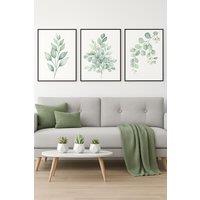 Mafett Set of 3 Eucalyptus Watercolour Canvas Wall Art Print in Green | Size: W18 x H24