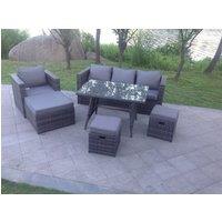 Fimous Dark Mixed Grey Rattan Garden Outdoor Sofa Set Chair Rectangular Dining Table Big Footstool in Dark Grey