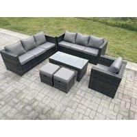 Fimous Outdoor Rattan Garden Furniture Lounge Sofa Set With Oblong Rectagular Coffee Table 2 Stools in Dark Grey
