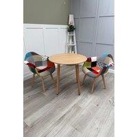 Life Interiors Patchwork Halo Dining Set for 2 - a Round Dining Table & Set of 2 Fabric Dining Chairs with Armrests in Light Brown