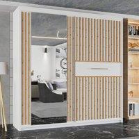 MN Furniture Modern Sliding Wardrobe with Oak Strips & LED Light 150x217cm in White | Size: 150x217 cm