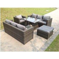 Fimous Grey Lounge Rattan Sofa Dining Table Set Chairs Footstool Garden Furniture Outdoor in Dark Grey