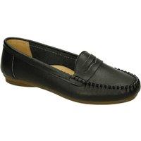 Down To Earth Women's Leather Classic Penny Loafers with Stitched Apron Detail in Jet Black | Size: 6