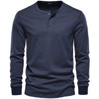 MODISHION Men's Long-Sleeved Henley T-Shirt in Dark Blue | Size: Medium