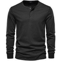 MODISHION Men's Long-Sleeved Henley T-Shirt in Black | Size: Small