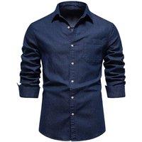 MODISHION Men's Long Sleeve Button-Up Shirt with Chest Pockets in Dark Blue | Size: 2XL