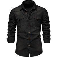 MODISHION Men's Long Sleeve Button-Up Shirt with Chest Pockets in Black | Size: Small