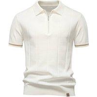 MODISHION Men's Turn-Down Short-Sleeve Polo Shirt with Partial Zip Placket in White | Size: Large