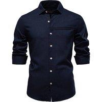 MODISHION Men's Linen Breathable Turn Down Collar Long Sleeve Shirt in Dark Navy | Size: 2XL