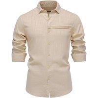 MODISHION Men's Linen Breathable Turn Down Collar Long Sleeve Shirt in Beige | Size: Large