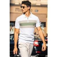 Men's Textured Stripe Zip Polo Shirt in White | Size: 2XL