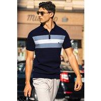 Men's Textured Stripe Zip Polo Shirt in Dark Navy | Size: Medium