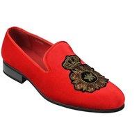 XPOSED Men's Stylish Faux Leather Embroidered Velvet Loafers in Red | Size: 8