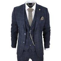Infinity Leather Men's 3 Piece Wool Suit Tweed Check Peaky Blinders 1920 Gatsby Formal in Navy | Size: 42R