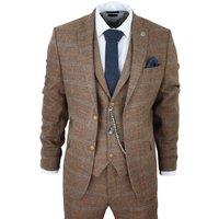 Infinity Leather Men's 3 Piece Wool Suit Tweed Herringbone Check Peaky Blinders Gatsby in Light Oak | Size: 42R