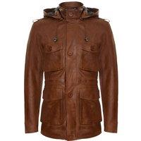 Infinity Leather Men's Hooded Trench Multi-Pocket Overcoat Leather Jacket in Tan | Size: 5XL