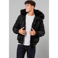 Nines Men's Short Padded Parka Jacket with Faux Fur Hood in Black | Size: 2XL
