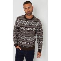 Threadbare Men's 'Snowflake' Fairisle Crew Neck Christmas Jumper in Chocolate | Size: Small