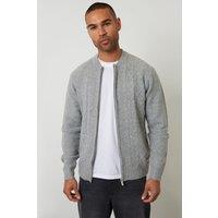 Threadbare Men's Bomber-Style Cable Knit Zip Through Cardigan in Grey | Size: Medium