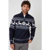 Threadbare Men's Fairisle Knitted Quarter Zip Christmas Jumper in Navy | Size: 2XL