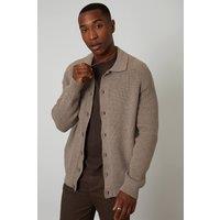 Threadbare Men's Knitted Collared Cardigan Jacket in Taupe | Size: Large