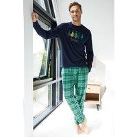 Threadbare Men's Christmas Tree Graphic Print Long Pyjamas in Navy | Size: XL