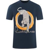 Cavalli Class Men's Circular Leopard Logo Navy Blue T-Shirt | Size: XL