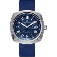 Heritor Automatic Men's Davenport Engraved-Case Leather-Band Watch w/ Date in Blue