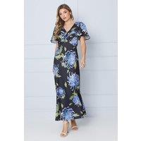 Oasis Women's Occasion Floral Satin Twist Angel Sleeve Midi Dress in Black | Size: 8