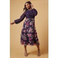 Oasis Women's Petite Occasion Floral Lace Bodice Midi Dress in Berry | Size: 10