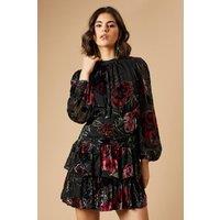 Oasis Women's Velvet Tiered Blouson Sleeve Mini Dress in True Black | Size: 6