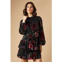 Oasis Women's Velvet Tiered Blouson Sleeve Mini Dress in True Black | Size: 8