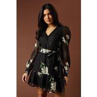 Oasis Women's Occasion Printed Metallic V Neck Belted Ruffle Mini Dress | Size: 8