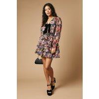 Oasis Women's Petite Floral Printed Organza Shirred Waist Tiered Bow Mini Dress in True Black | Size: 10